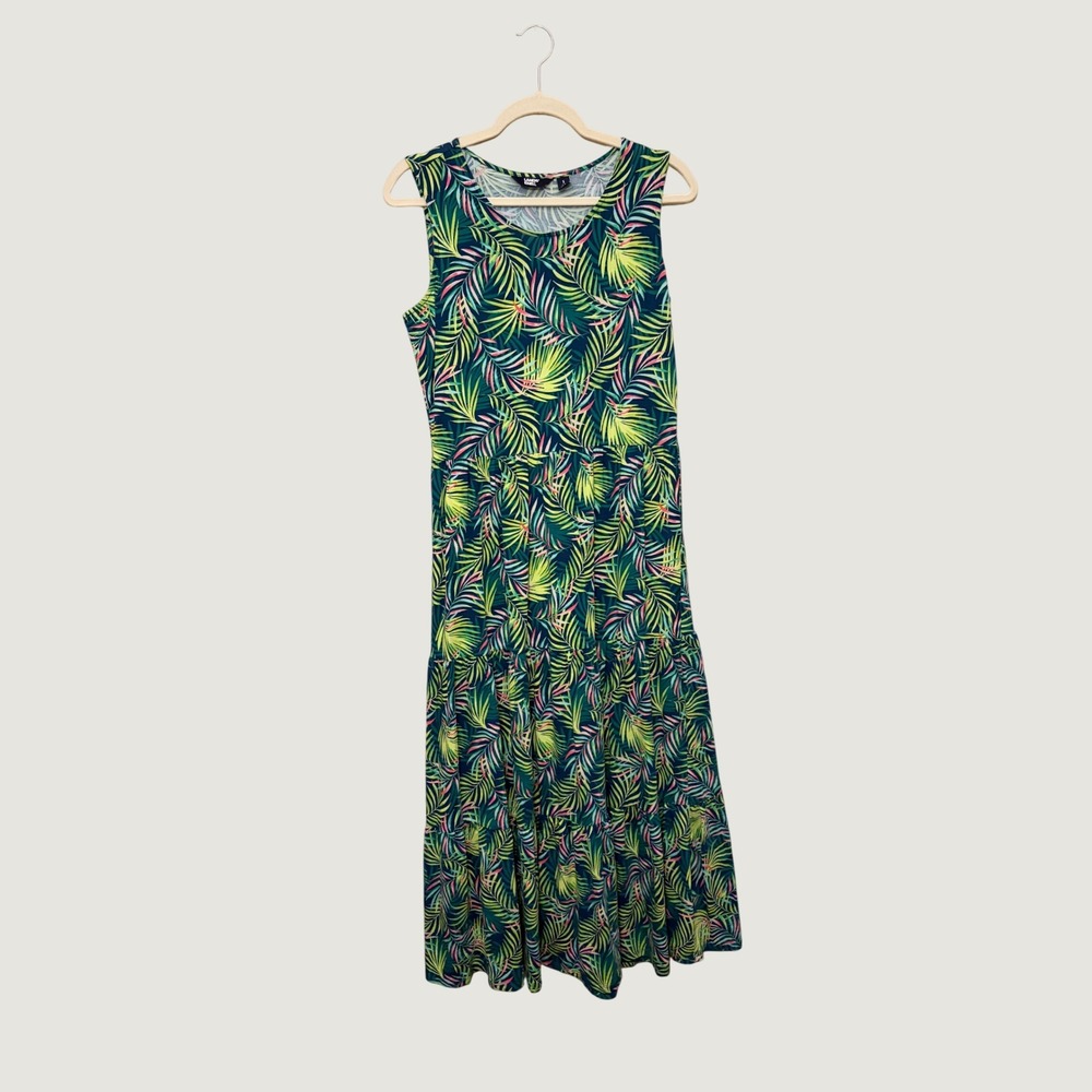 Lands End Womens S Green Tropical Palm Leaf Tiered Sleeveless Maxi Dress
